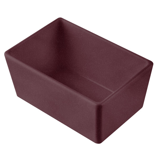 A Tablecraft maroon rectangular cast aluminum bowl with a red speckled finish.