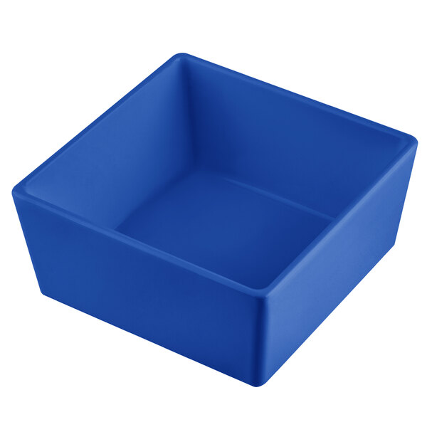 A blue square Tablecraft container with white lines on the side.