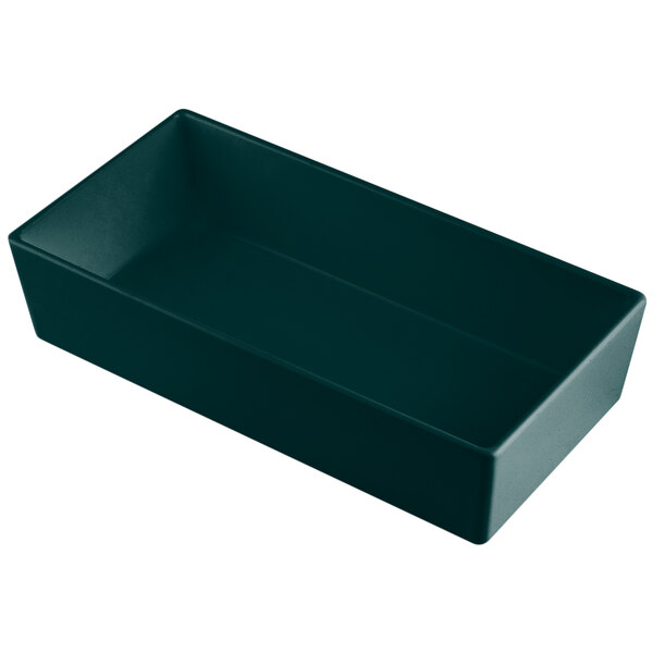 A Tablecraft hunter green cast aluminum rectangular bowl with straight sides on a counter in a salad bar.