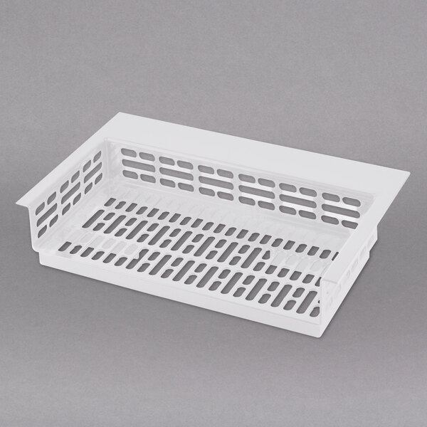 A white plastic tray with holes.