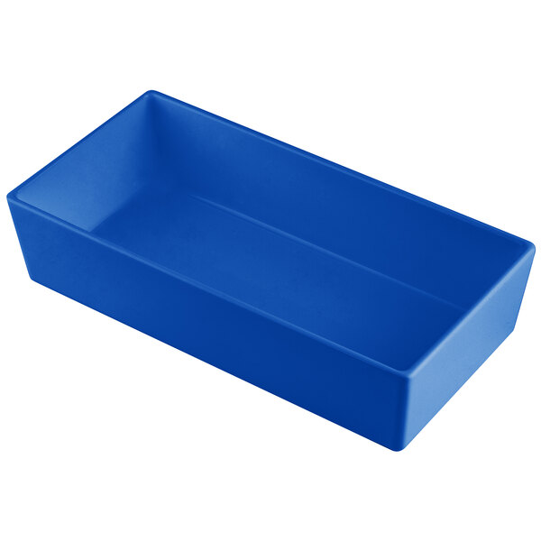 A blue rectangular Tablecraft bowl on a white background.