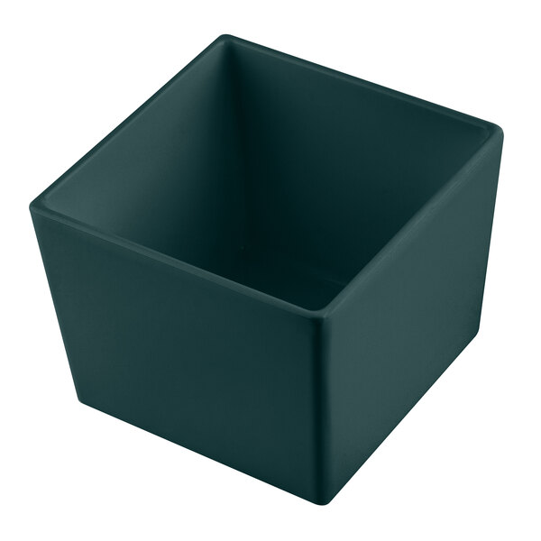 A hunter green Tablecraft square container on a table.