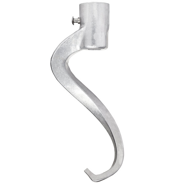 A close-up of a Hobart aluminum dough hook with a curved metal end.