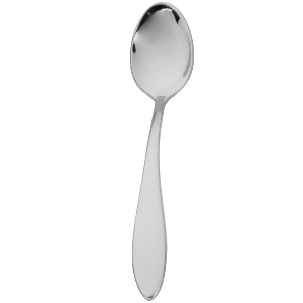 A close-up of a Walco stainless steel demitasse spoon with a white handle.