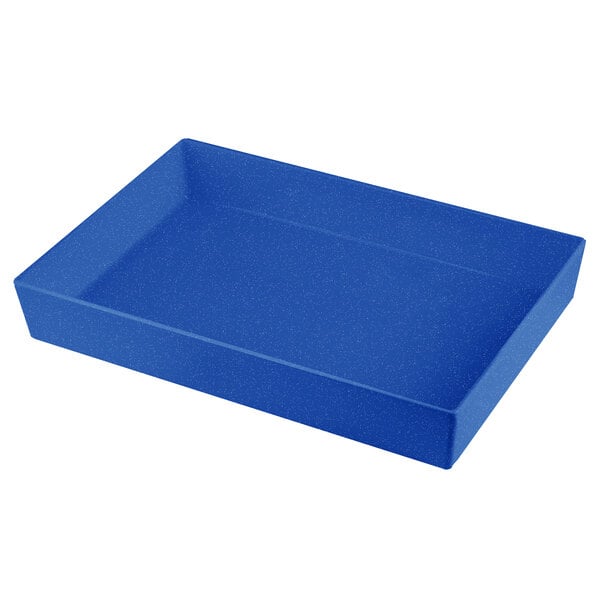 A blue rectangular cast aluminum bowl with a white background.