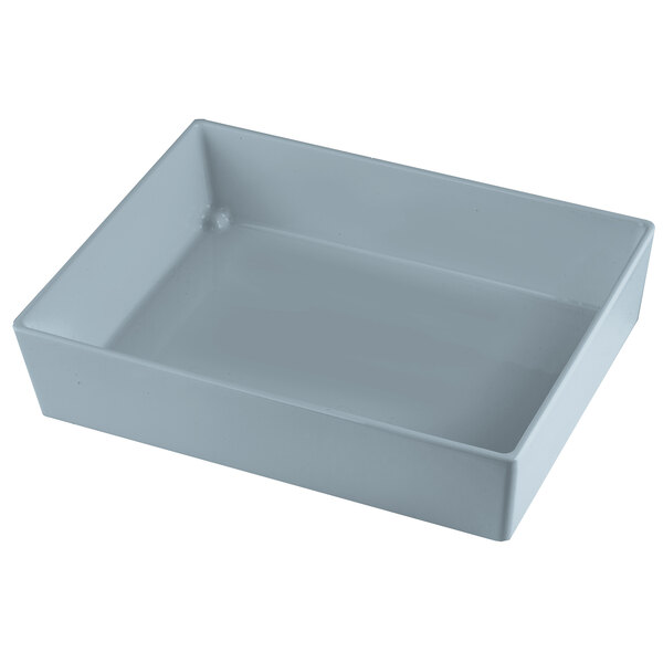 A gray rectangular Tablecraft bowl on a white surface.