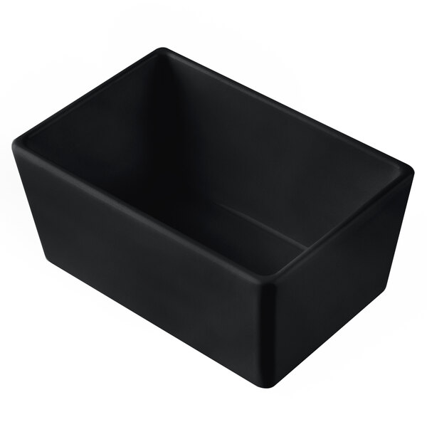 A Tablecraft black rectangular cast aluminum bowl with straight sides.