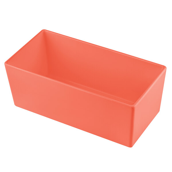 A rectangular orange Tablecraft cast aluminum bowl.
