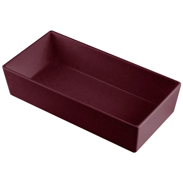 A Tablecraft maroon speckle rectangular bowl on a counter.