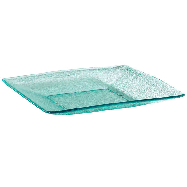 A clear polycarbonate square plate with a textured edge in jade.