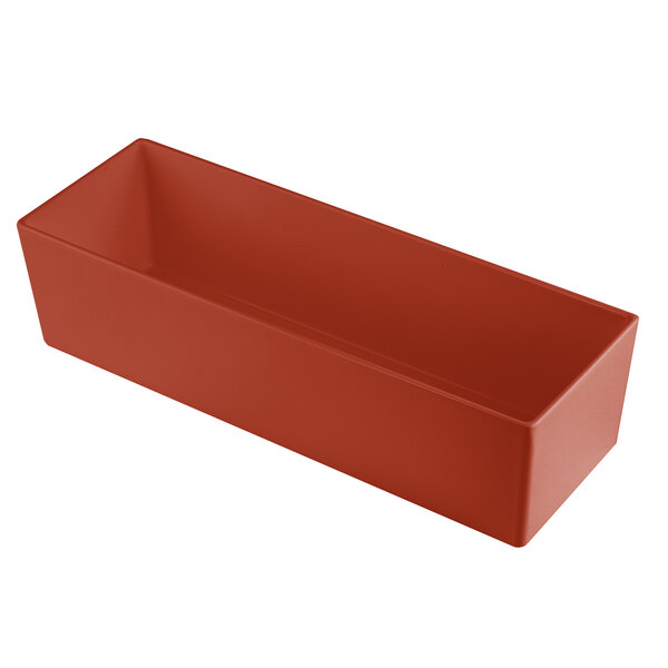 A rectangular copper aluminum bowl with straight sides.