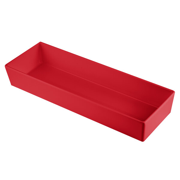 A Tablecraft red rectangular cast aluminum bowl with straight sides.