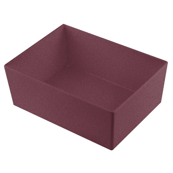 A maroon rectangular cast aluminum bowl with straight sides.