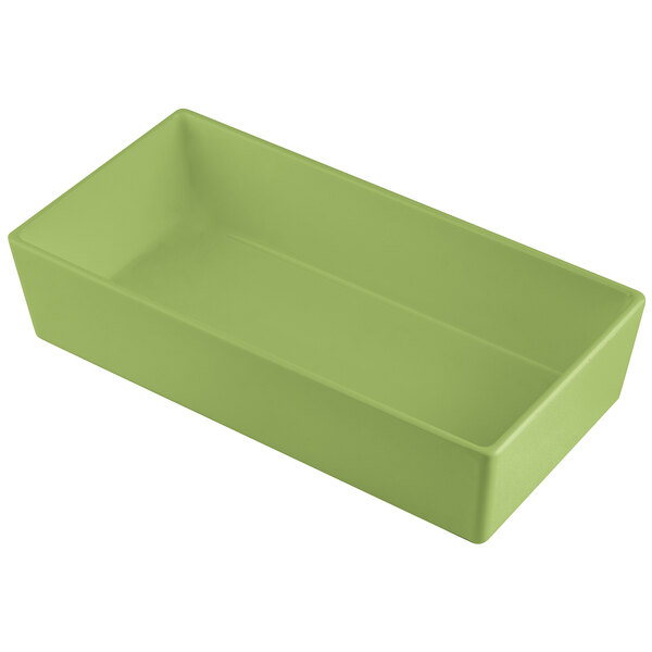 A green rectangular Tablecraft bowl with straight sides.