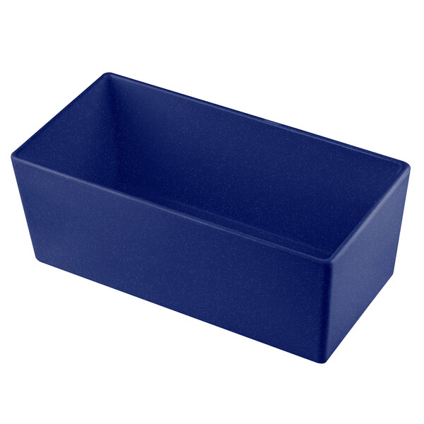 A Tablecraft blue speckled cast aluminum rectangular bowl.