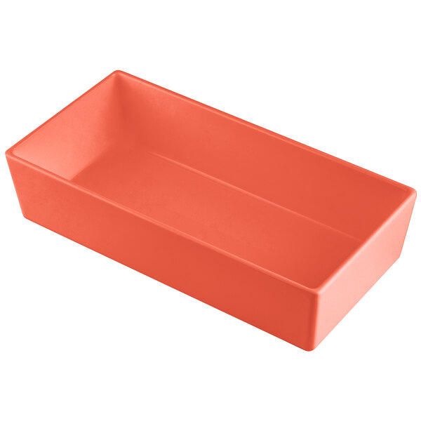 A rectangular orange Tablecraft bowl with a white background.