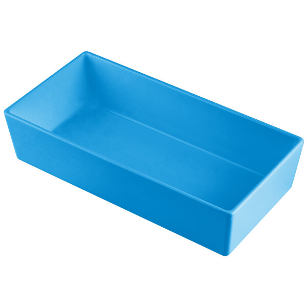 A Tablecraft sky blue rectangular cast aluminum bowl.