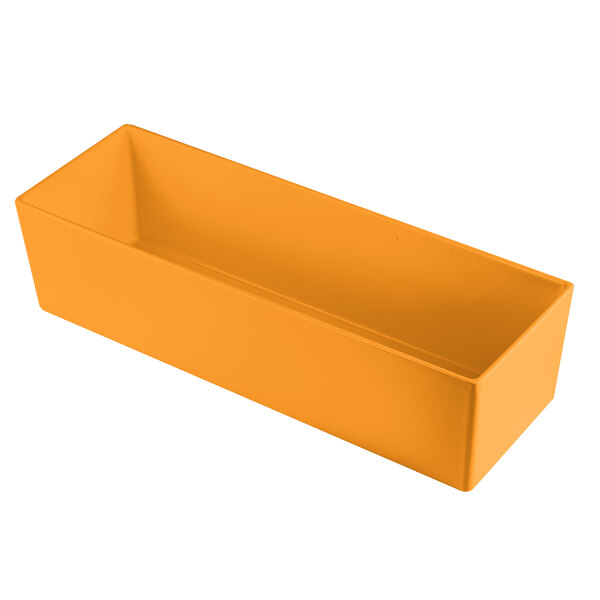 A Tablecraft orange rectangular cast aluminum bowl with straight sides.
