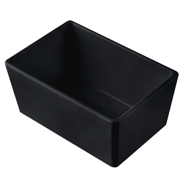 A black rectangular Tablecraft bowl with green speckles on the sides.