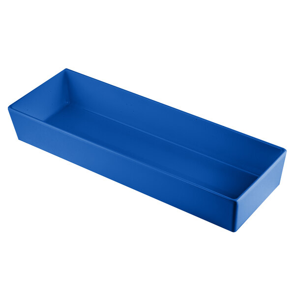 A Tablecraft cobalt blue rectangular bowl with straight sides.