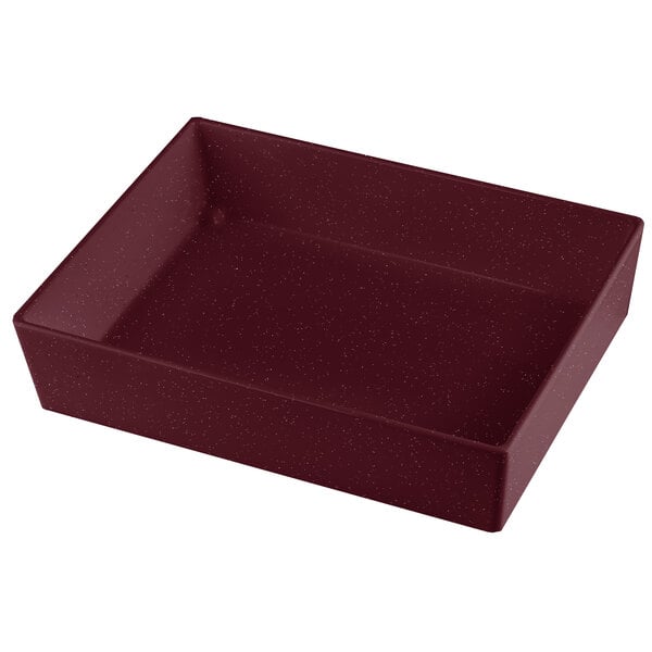 A rectangular maroon container with Tablecraft Simple Solutions Maroon Speckle Bowl on a counter.