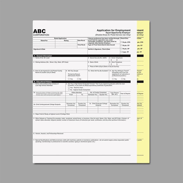 PM Company white canary two-part carbonless paper with the word "abc" on an application form.