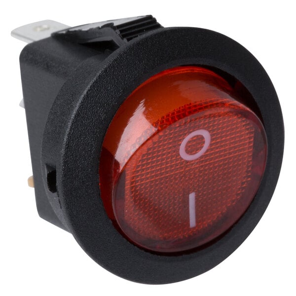 A red rocker switch with a red light and white text.