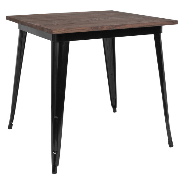 A Flash Furniture square dining table with a rustic wood top and black metal legs.