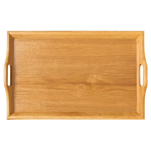 A GET natural hardwood room service tray with handles.