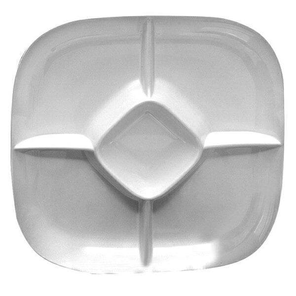 A white square Thunder Group Passion chip and dip platter with four compartments.