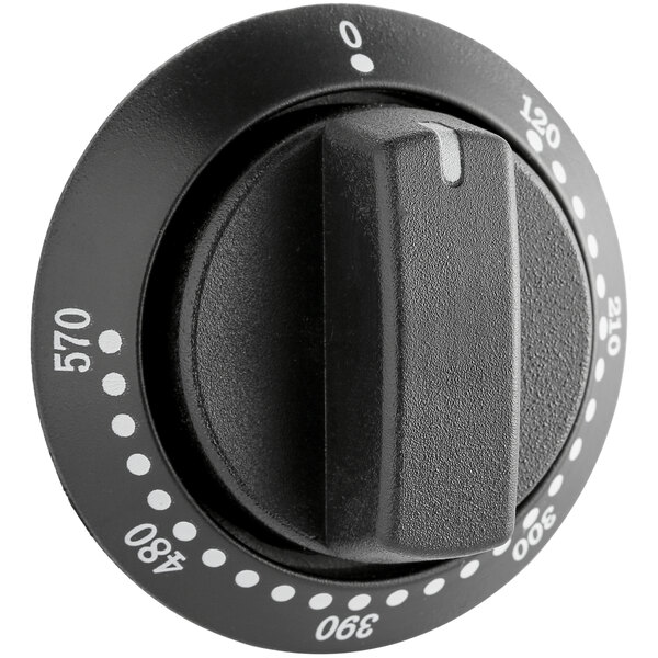 A black Carnival King temperature control knob with white numbers and dots.