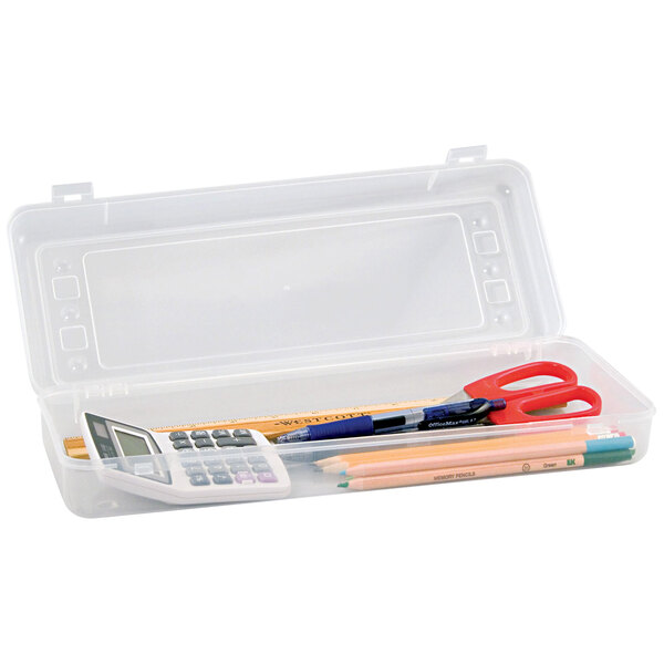 A clear plastic Advantus stretch art box with pencils, pens, a calculator, and scissors inside.