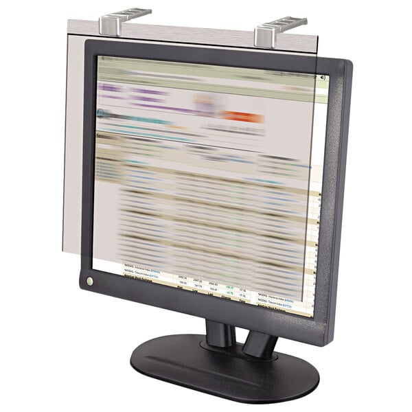 A Kantek widescreen privacy filter on a computer monitor.