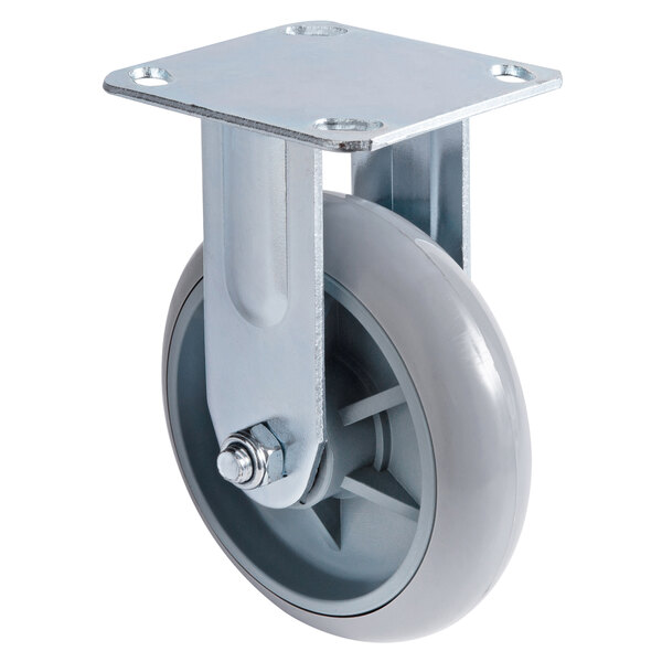 A Lavex fixed plate caster with a grey wheel on a metal plate.