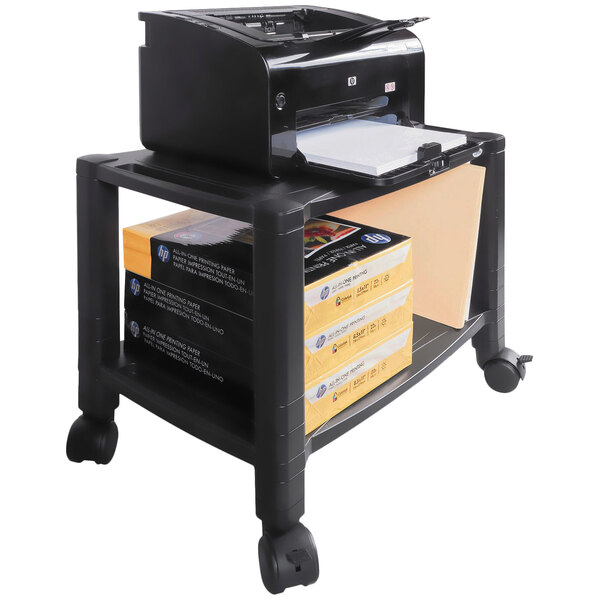 A black Kantek printer stand with two shelves holding a printer.
