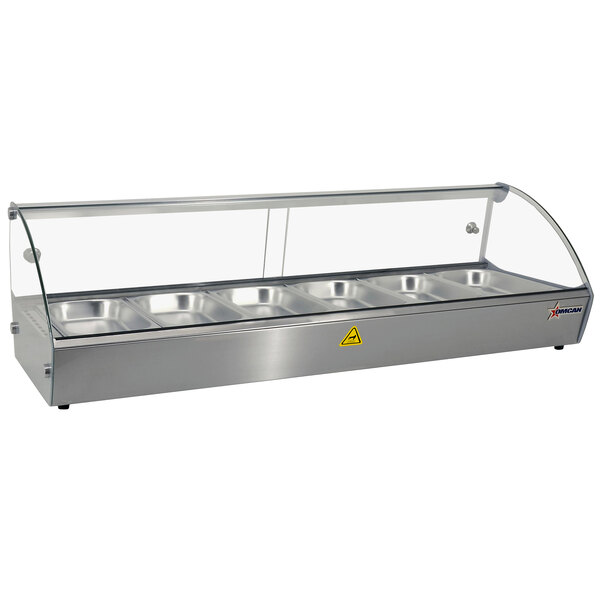 An Omcan stainless steel countertop food warmer with six pans.