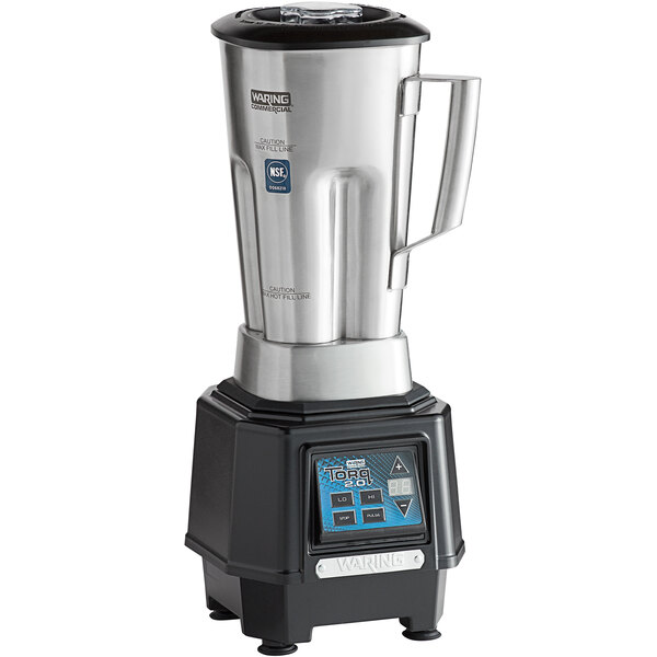 A silver and black Waring TBB160S6 Torq 2.0 blender with a digital display on top.