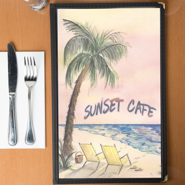 Menu paper with a tropical themed palm tree design on a table.