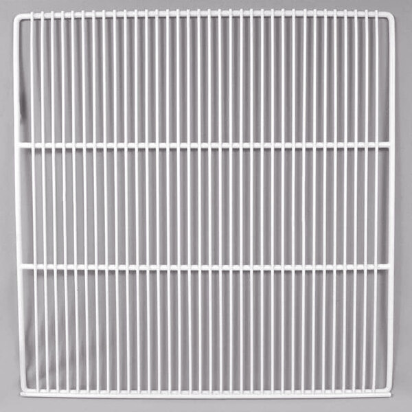 A white metal grid shelf with standoffs.