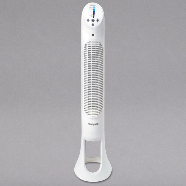 A white Honeywell QuietSet tower fan with a white screen.