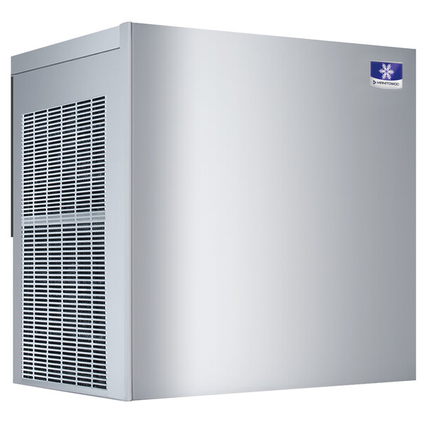 A white rectangular stainless steel Manitowoc air cooled ice machine with a blue label.