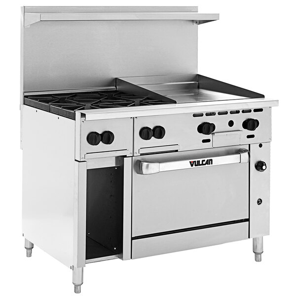 A large stainless steel Vulcan gas range with 4 burners, 24-inch griddle, and refrigerated base.
