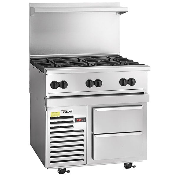 A large stainless steel Vulcan gas range with six burners.