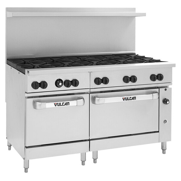 A Vulcan stainless steel gas range with black knobs on the front.