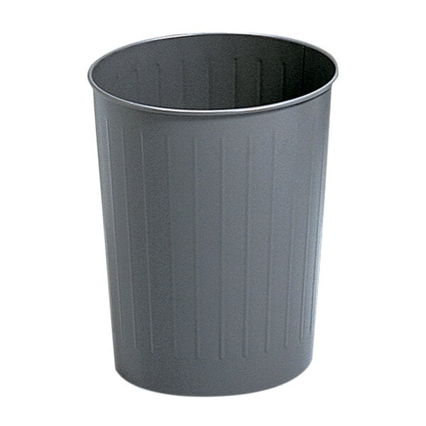 A charcoal grey Safco steel round wastebasket.