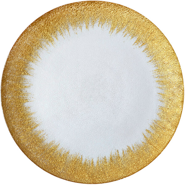 A white charger plate with a gold foil rim.