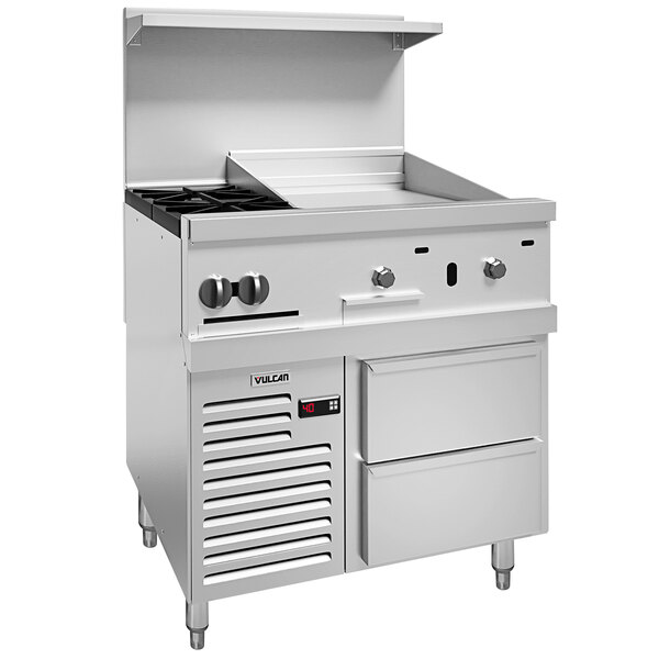 A large stainless steel Vulcan gas range with a door and drawers open.