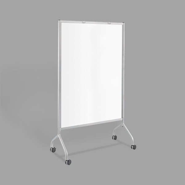 A whiteboard with a metal frame and wheels.