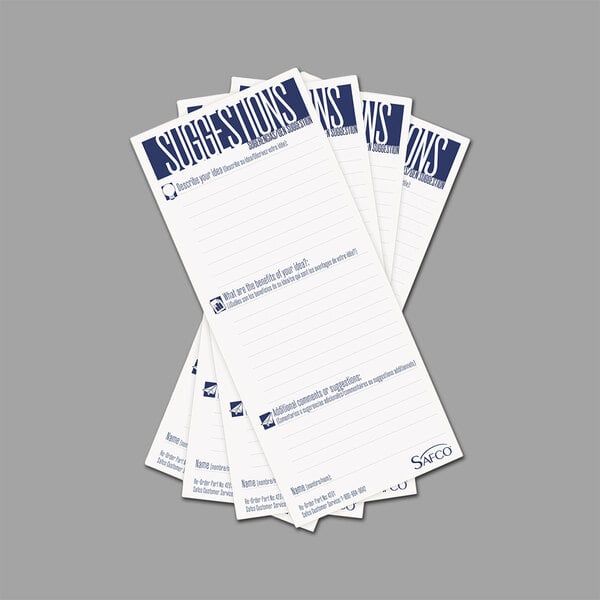 Safco white suggestion box cards with blue lined paper.