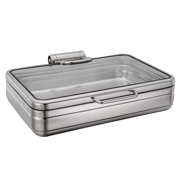 A silver rectangular Bon Chef stainless steel chafer with a glass lid.